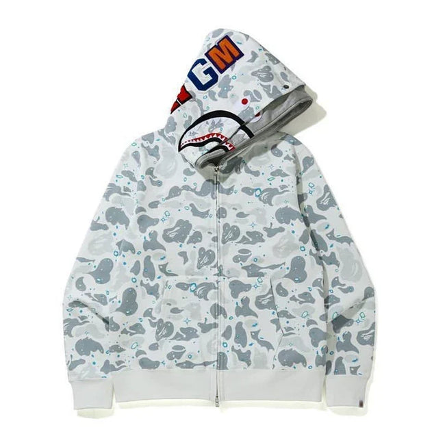 BAPE Style Camo Shark Full-Zip Hoodie - Light Grey/Ice Blue Hover Image