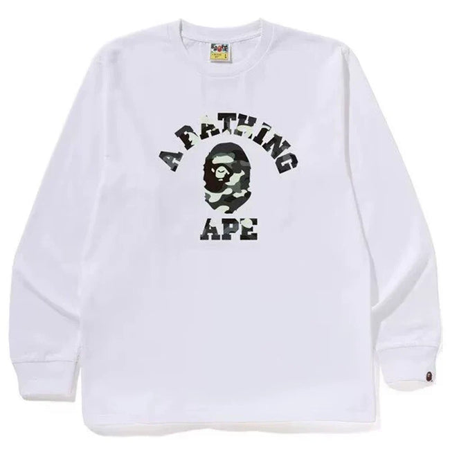 BAPE Style Arch Logo Monochrome Camo Ape Head Long-Sleeve Tee - White Hover Image