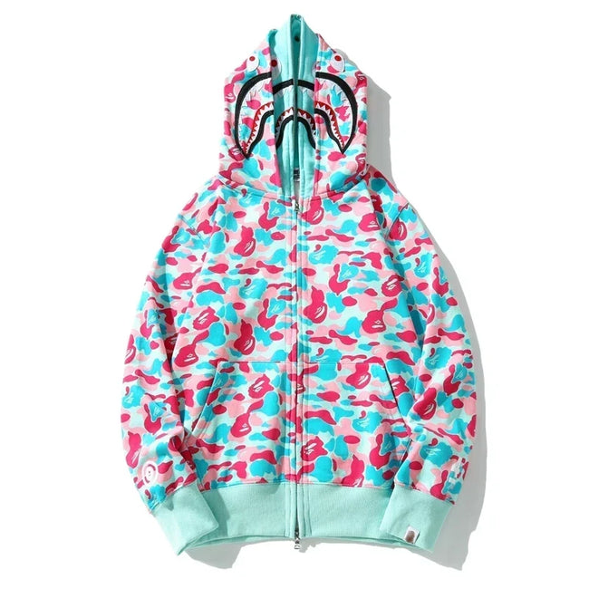 BAPE Style Multi-Color Pastel Camo Shark Full-Zip Hoodie Hover Image