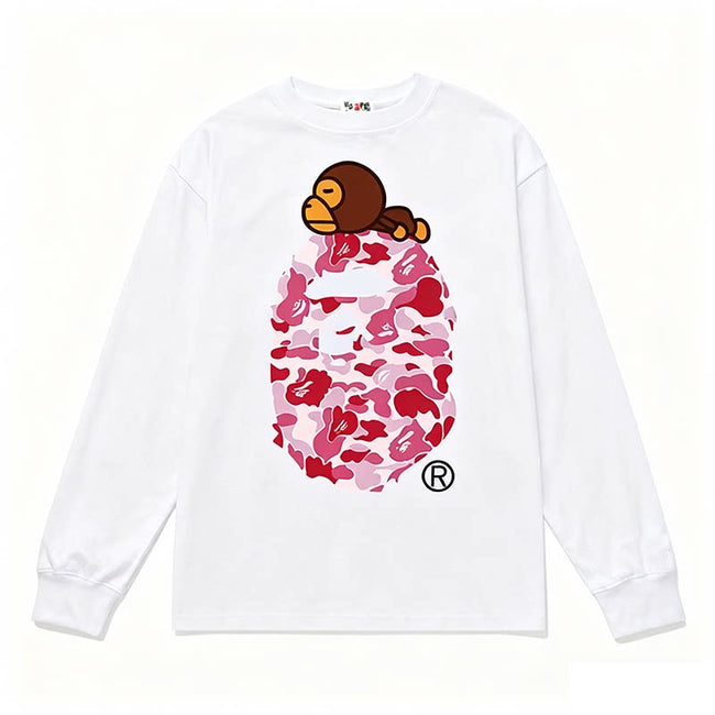 BAPE Style Baby Milo on Camo Ape Head Long-Sleeve Tee - White/Pink Hover Image