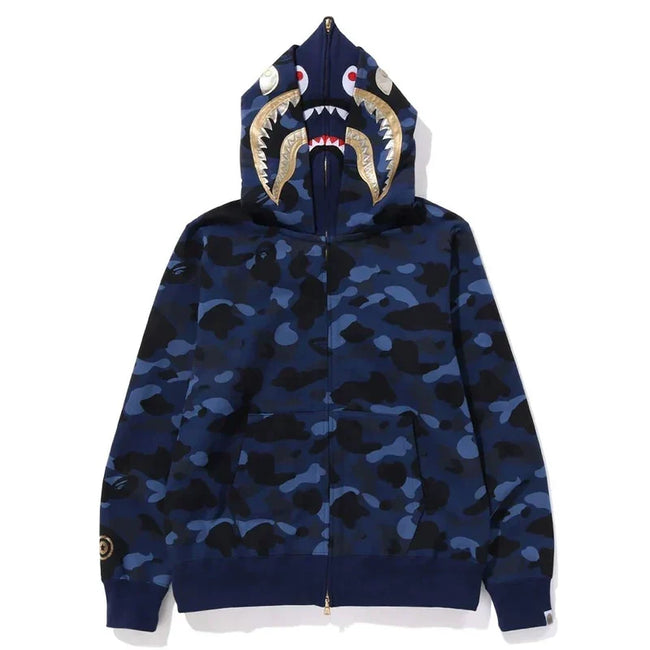 BAPE Style Camo Gold Shark Teeth Full-Zip Hoodie - Blue Hover Image