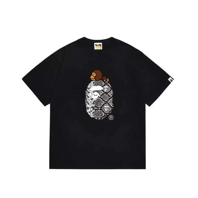 BAPE Style Snake Print & Baby Ape Head Short-Sleeve Tee - Black Hover Image