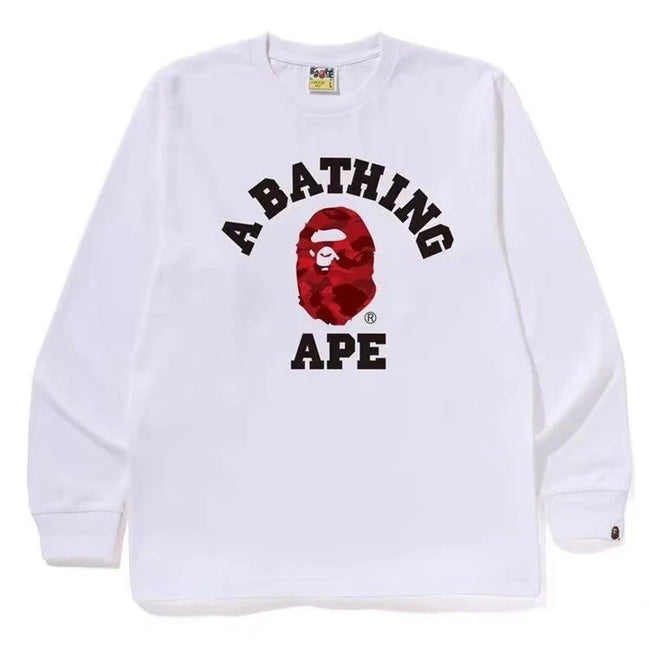 BAPE Style Collegiate Arc Logo & Camo Ape Head Long-Sleeve Tee - White/Red Hover Image