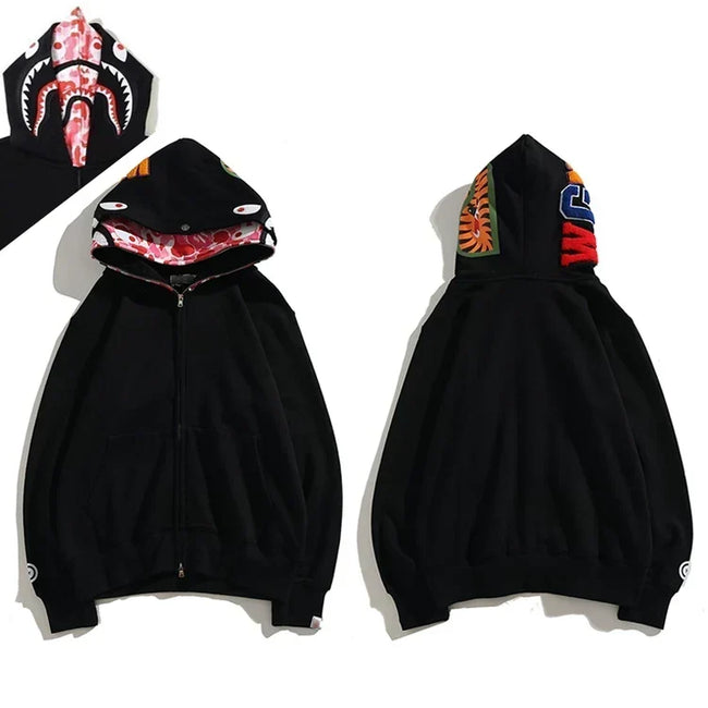 BAPE Style Solid Black Shark Full-Zip Hoodie - Camo Interior Hover Image