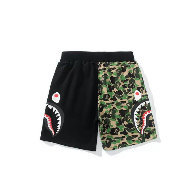 BAPE Style Split-Color Camo Shark Casual Shorts - Black/Green (Inverted) Hover Image