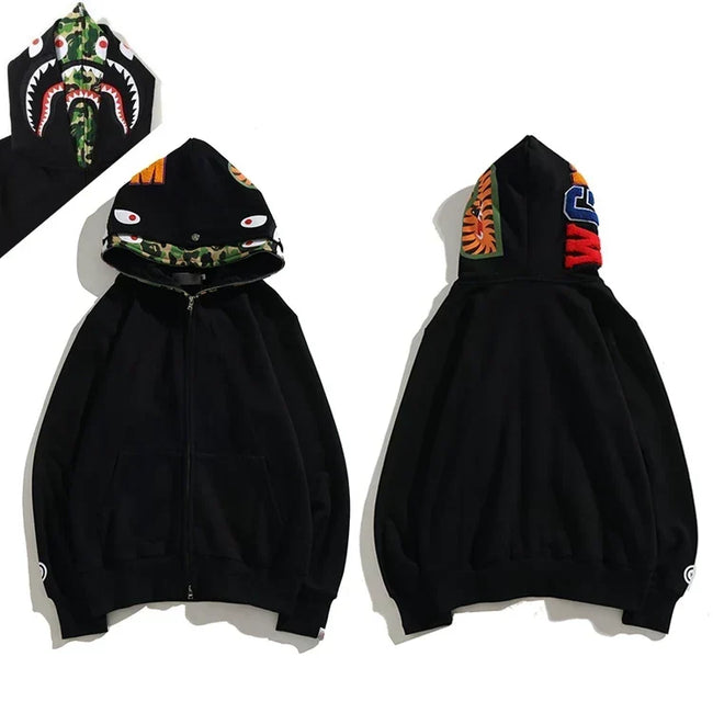 BAPE Style Solid Black Shark Full-Zip Hoodie - Green Camo Interior Hover Image