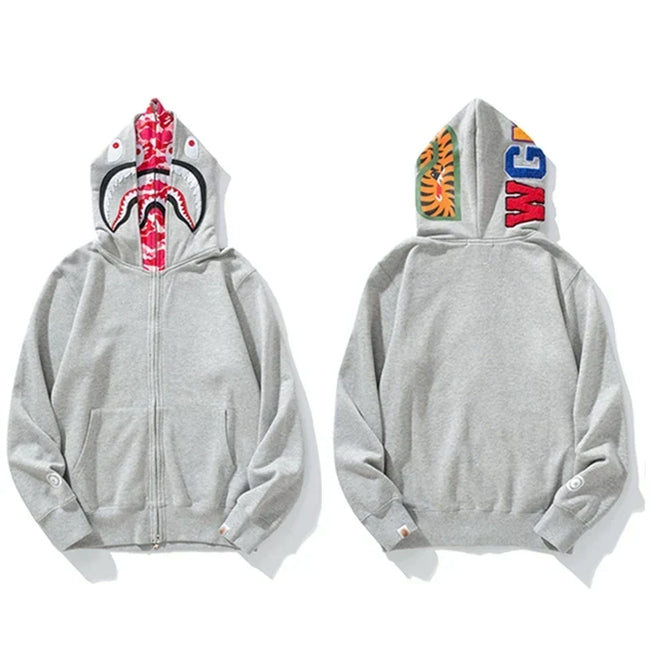 BAPE Style Solid Light Grey Shark Full-Zip Hoodie - Pink Camo Interior Hover Image