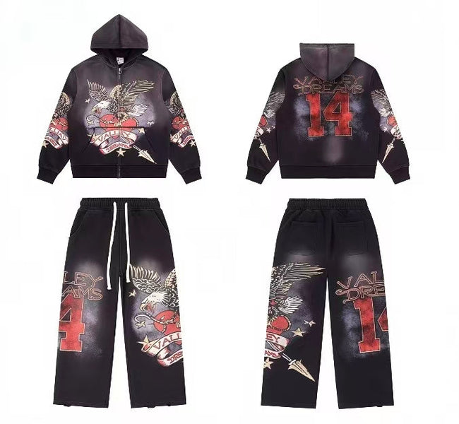 Vale Forever Vintage Eagle & Heart "14" Zip-Up Hoodie & Sweatpants Set - Black Hover Image